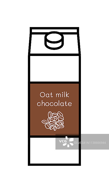 矢量线图标的调味纯素巧克力燕麦牛奶孤立在一个白色背景。植物基非乳制品替代品。纸箱与螺旋盖和标签与手绘燕麦涂鸦插图。图片素材