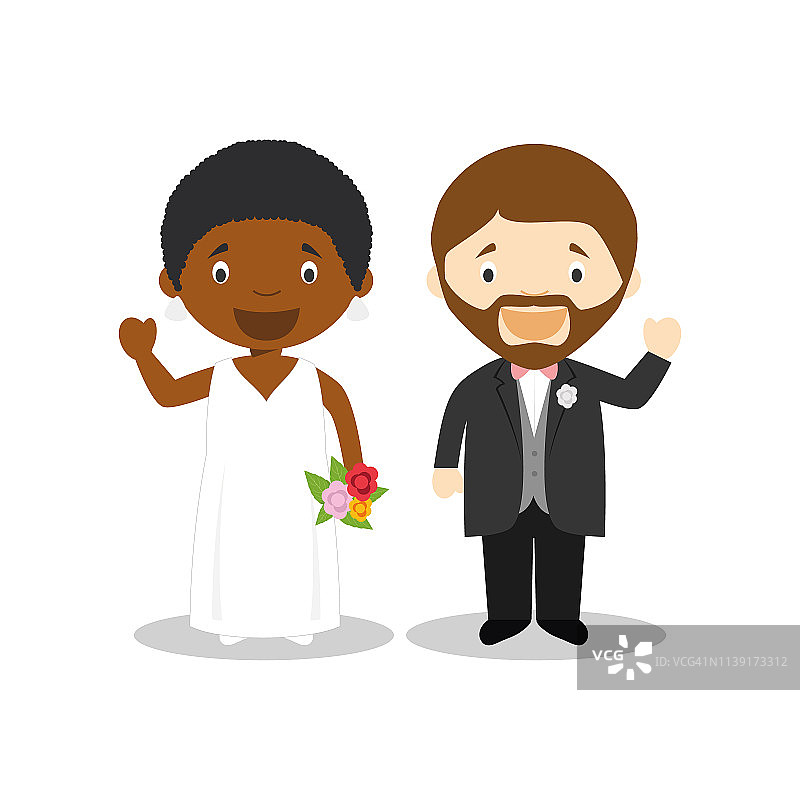 黑人新娘和白人新郎跨种族新婚夫妇在卡通风格矢量插图图片素材