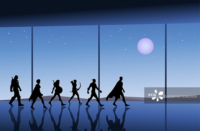 向量超级英雄团队行走在一个大厅与夜空背景图片素材