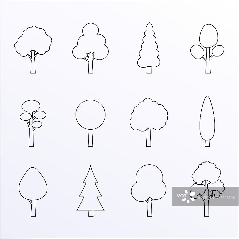树轮廓图标集。有叶子轮廓的植物。森林和园林的象征。矢量插图。图片素材