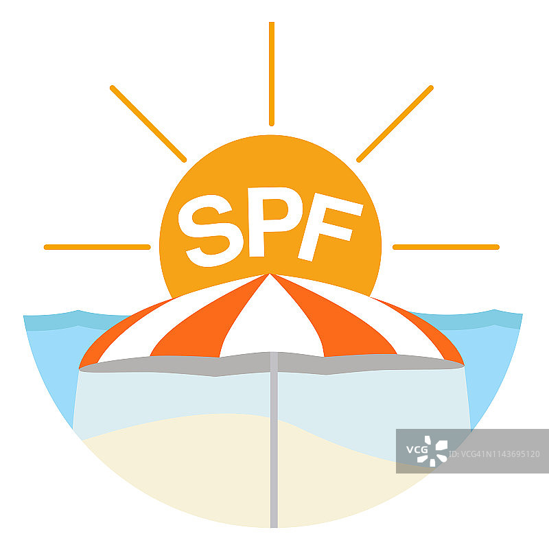 矢量徽章，防止强光照射的标志。暑假，防晒霜，橙色的雨伞在沙滩上，背景上写着SPF图片素材