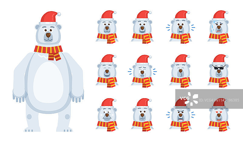 圣诞北极熊表情包。一个卡通北极熊的化身显示不同的面部表情。高兴，悲伤，微笑，大笑，惊讶，在爱和其他情绪图片素材