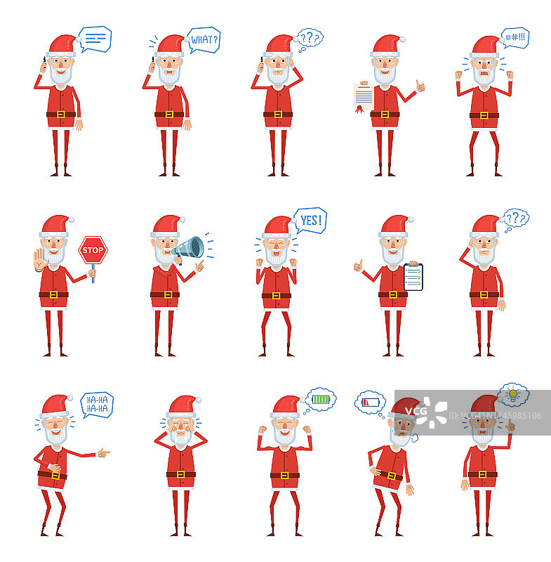 一组圣诞老人在不同场合摆姿势。快乐的圣诞老人打电话，举着停止标志，扬声器，文件和做其他动作图片素材