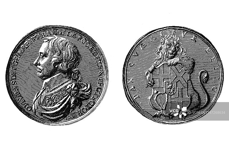 英联邦，克伦威尔，护国公(1653-1658)，1653年，当代追铸，银质奖章，38毫米图片素材