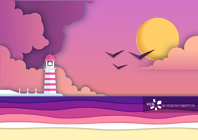海或海洋景观，海海滩用灯塔剪纸艺术风格设计图片素材