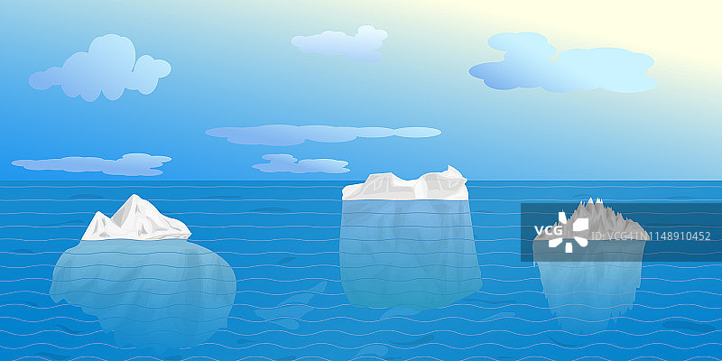 海里有三座冰山。有很大水下部分的漂浮物。用于极地景观的设计。图片素材