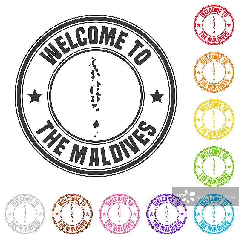 欢迎来到马尔代夫邮票-彩色徽章上的白色背景图片素材