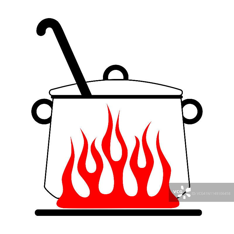 红色煤气炉上盖着盖子的卡通平底锅。矢量图像厨房锅在火。矢量图图片素材