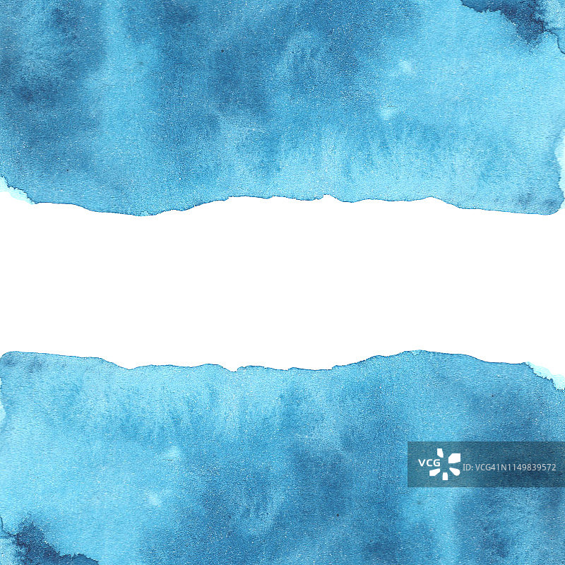 插图水彩框架蓝色背景水彩并排在顶部和底部，空白的文字空间。设计、卡片图片素材