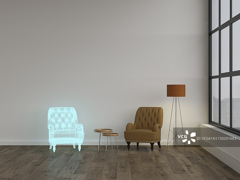 现代客厅扶手椅的3D渲染，全息图，落地灯图片素材
