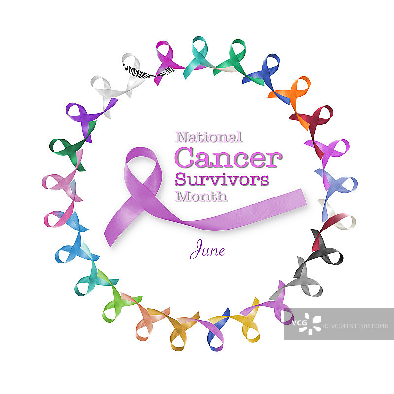 国家癌症幸存者日，6月5日用多色和淡紫色丝带提高对各种肿瘤的认识图片素材