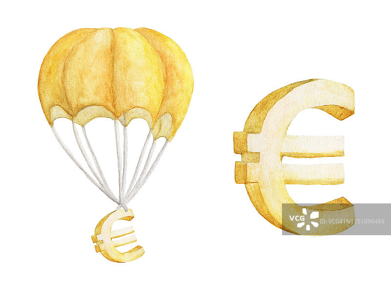 金色欧元热气球。水彩插图。图片素材