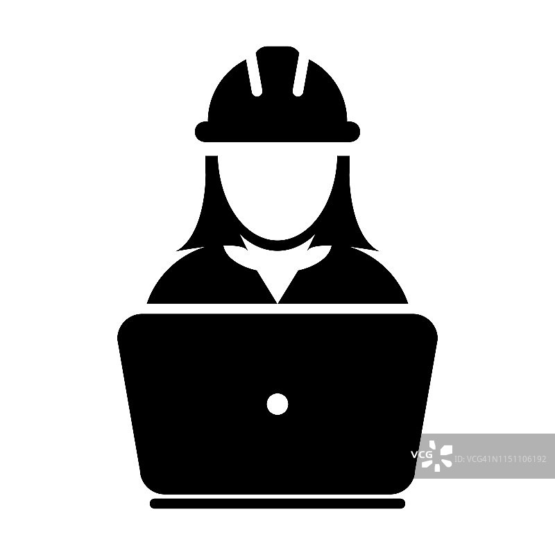 工人图标矢量女性建筑服务人员个人资料头像与笔记本电脑和安全帽的象形文字图片素材