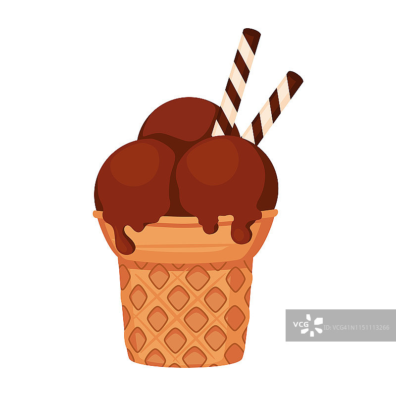 巧克力冰淇淋球在华夫饼碗。矢量插图孤立在白色背景。图片素材