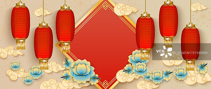 横幅模板与悬挂红色中国灯笼，传统的亚洲花和白云。图片素材