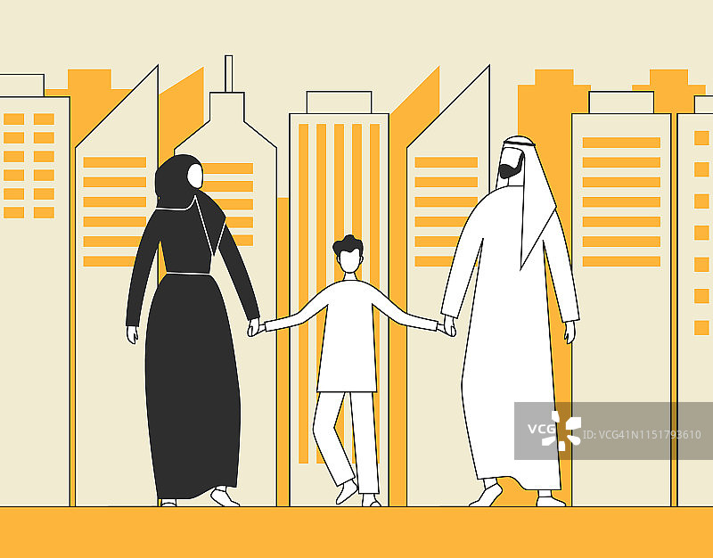 传统的阿拉伯家庭，穆斯林男人，女人和孩子走在城市摩天大楼的背景上。平面向量插图。图片素材