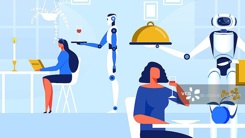 机器人在创新科技咖啡馆为女性服务。图片素材