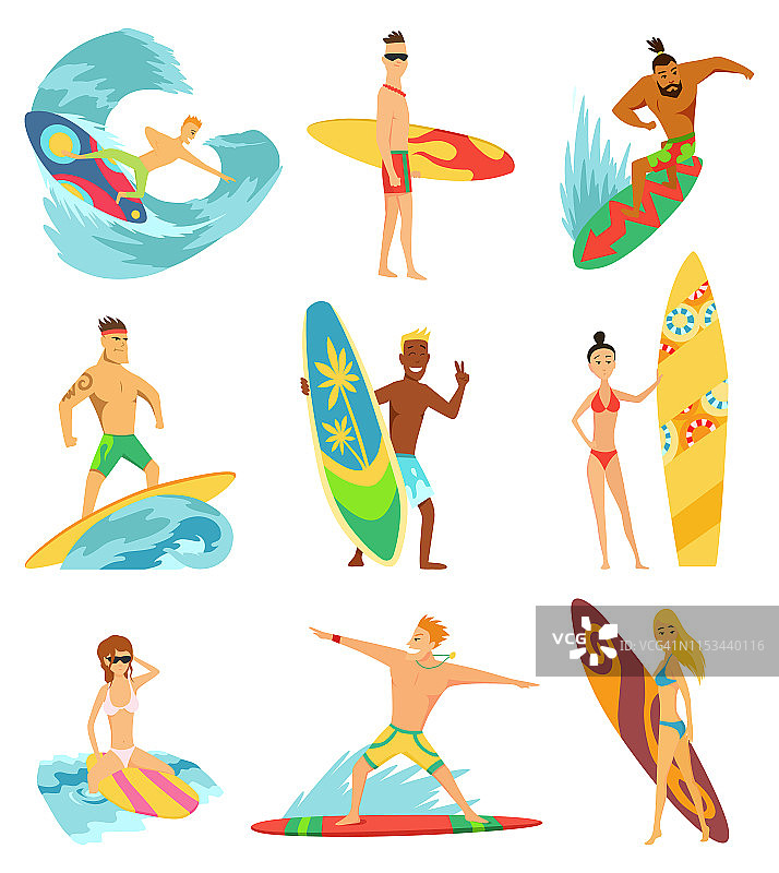 冲浪板上冲浪设置，冲浪者与冲浪板在不同姿态矢量插图图片素材