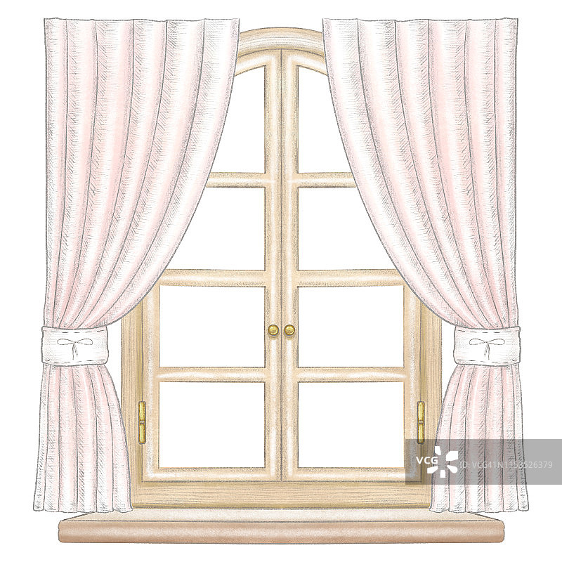 水彩画和铅笔画木制窗户，粉红色的窗帘图片素材