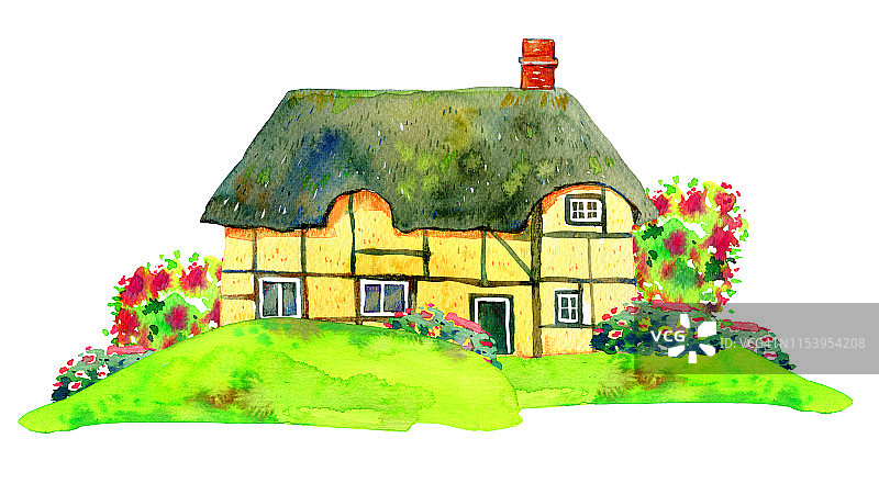 英国的乡村建筑和草坪上的植物。水彩画古老的石头欧洲房子。手绘插图图片素材