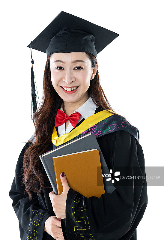 女毕业生拿着书白色的背景图片素材
