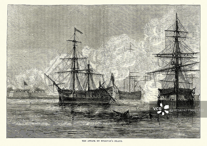 英国军舰，苏利文岛之战，美国独立战争图片素材