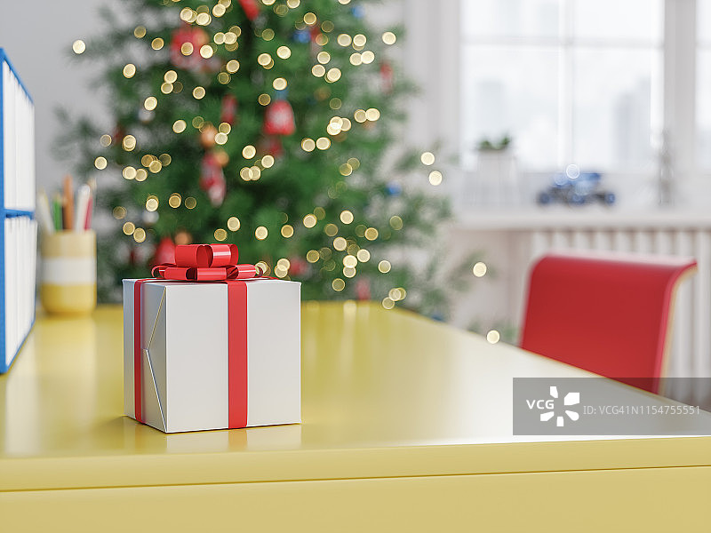 红色的礼物与圣诞树背景在孩子的房间内部图片素材