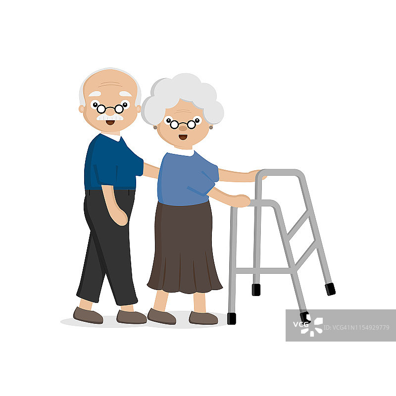 老年夫妇。一位老人用助行器帮助一位老妇人。图片素材