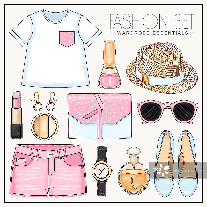 女性时尚夏季服装，化妆品和配饰与粉红色圆点上衣，包，帽子，太阳镜和短裤图片素材