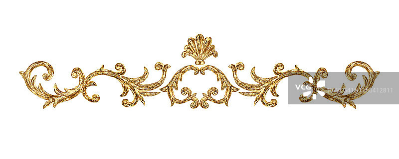 巴洛克风格的黄金装饰物。手绘复古雕花卷轴金丝框。图片素材