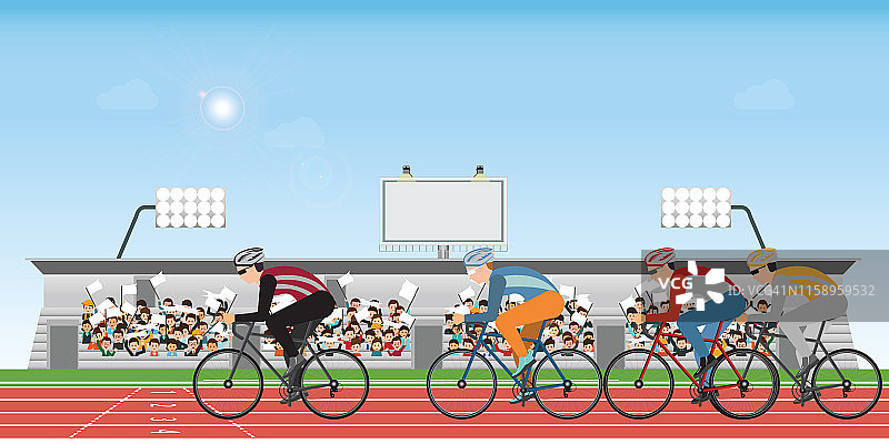 一群骑自行车的人在田径跑道上进行公路自行车比赛。图片素材