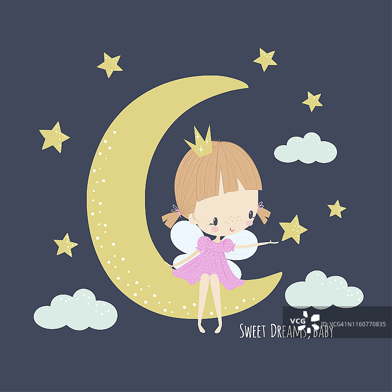 可爱的小仙女穿着粉红色的裙子在月亮上图片素材