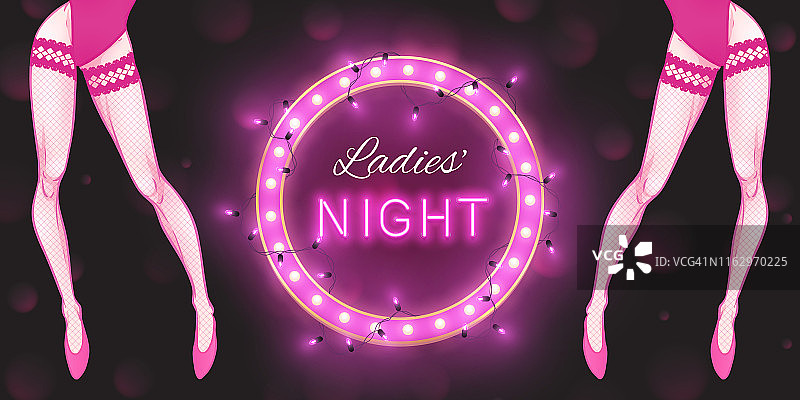 女士之夜装饰海报迪斯科派对舞会之夜，美丽的女性腿，女人的身材，和复古led灯横幅。矢量图图片素材