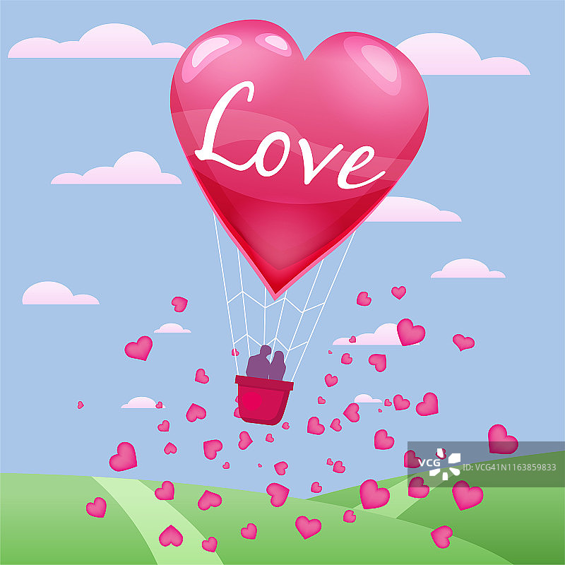 爱情和情人节的请帖，带着情侣的热气球飞过草地，心飘在天空。矢量孤立后横幅传单图片素材