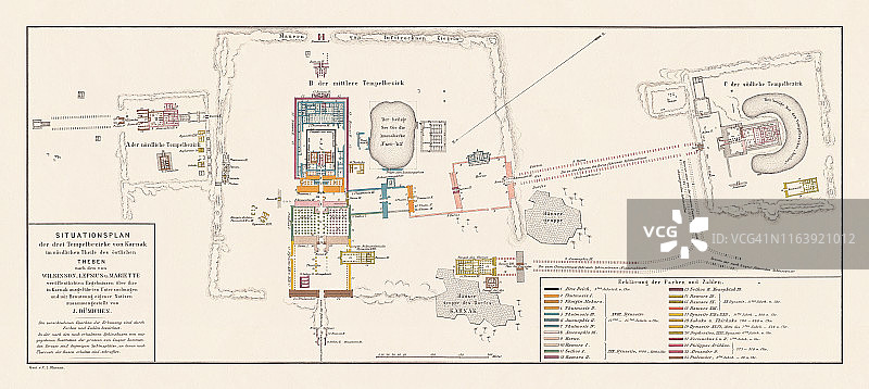 埃及底比斯卡纳克神庙的历史地图，平版印刷，1879年图片素材