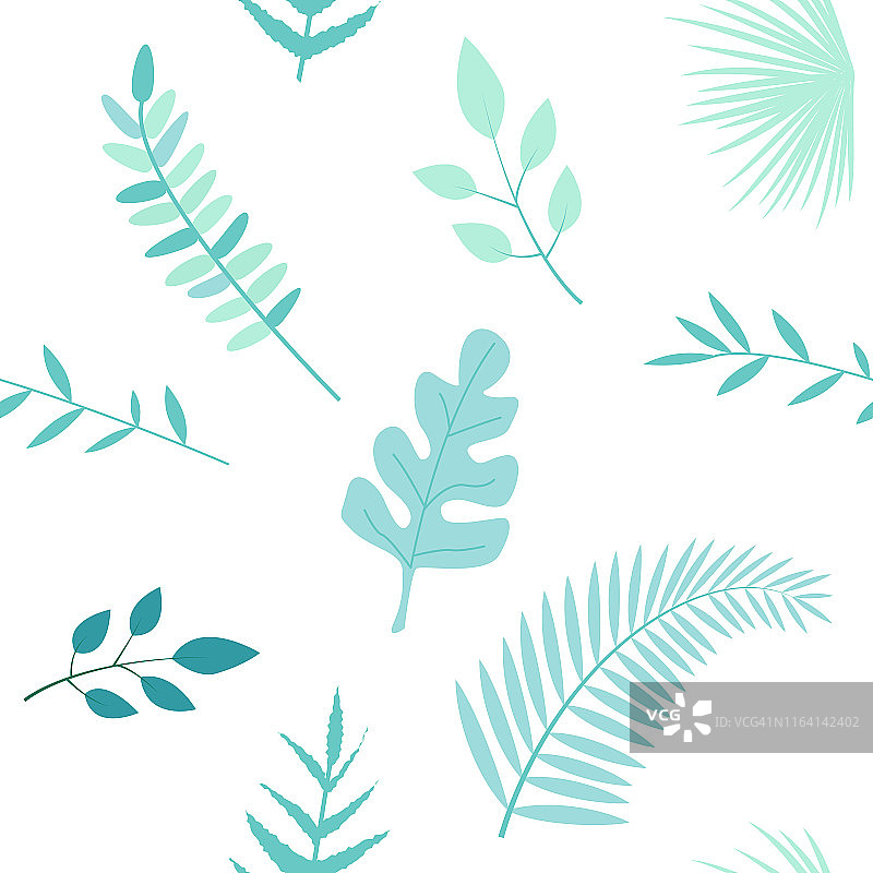 白色背景上的绿色热带树叶和树枝的无缝图案。图片素材