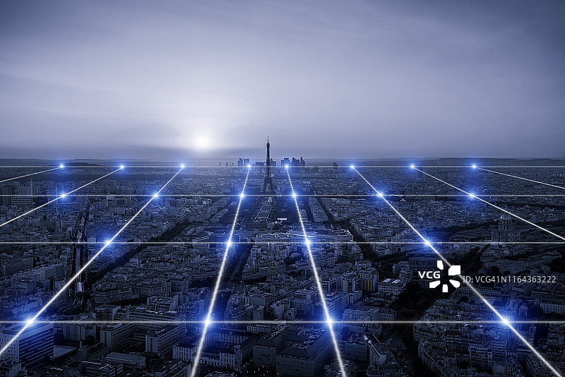 城市网络连接巴黎天际线在法国与未来的计算机数字，技术抽象的背景图片素材