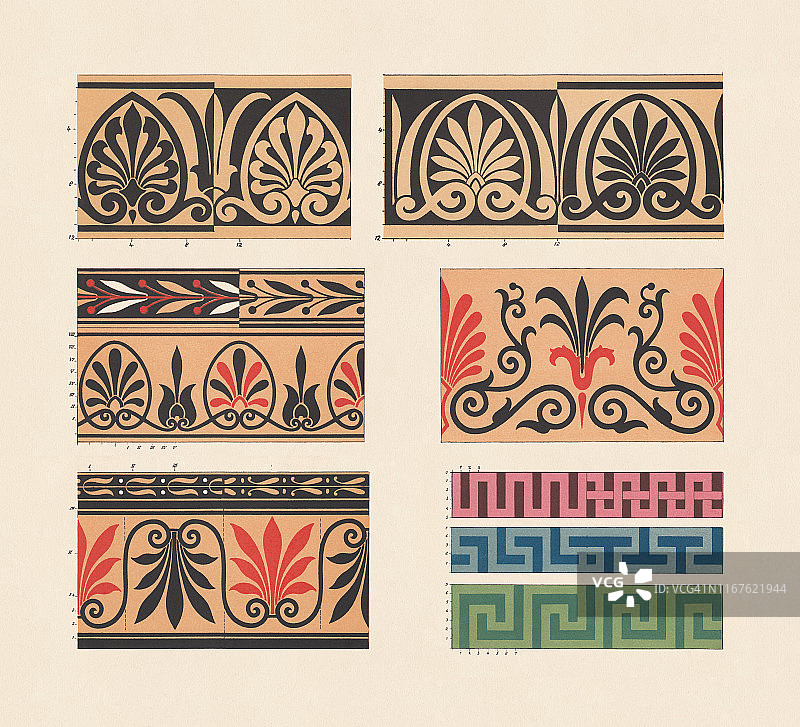 1881年出版的古典希腊装饰图案边框，彩色印刷术图片素材