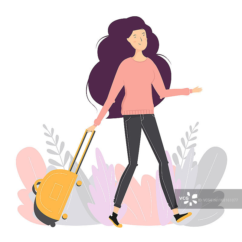 女人手提箱。旅行的女孩。快乐的女孩带着行李。平的风格图片素材