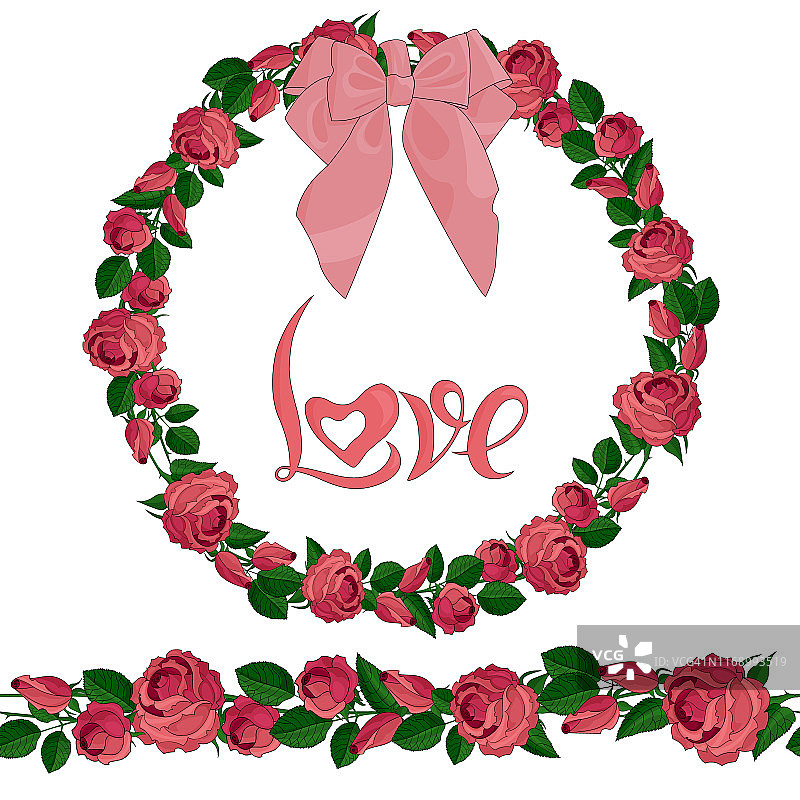无缝刷和花环粉红玫瑰与字母“爱”图片素材