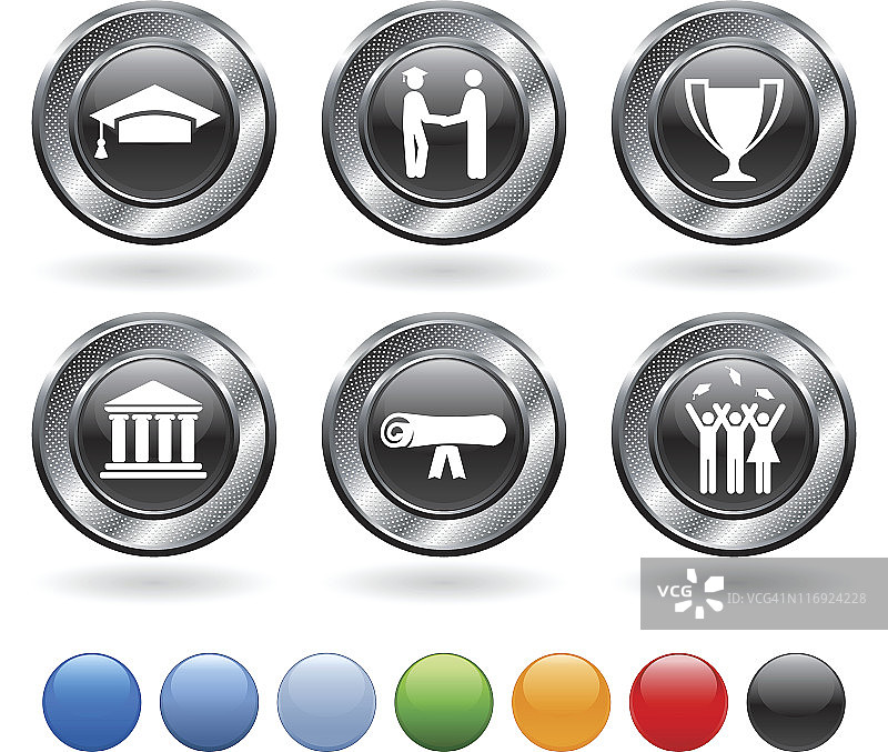 毕业版权费免费矢量图标设置在金属按钮图片素材