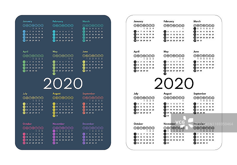2020年口袋日历，第一天星期日，矢量插图图片素材