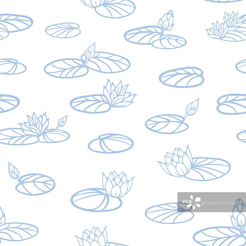 向量蓝色睡莲线艺术上的白色无缝图案背景。图片素材