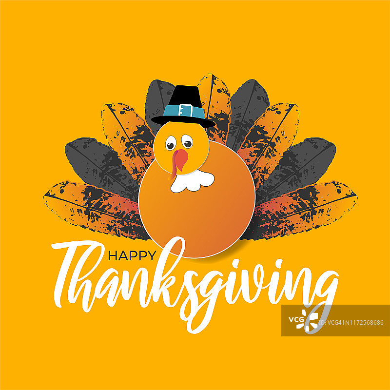 感恩节快乐概念设计贺卡。卡通火鸡与秋叶尾巴。可爱有趣的鸟在朝圣者的黑色帽子在黄色的背景。矢量秋天盛宴插图图片素材