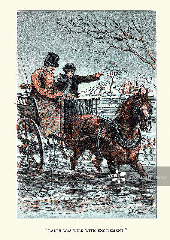 马和马车穿过冬天的洪水，维多利亚，19世纪图片素材