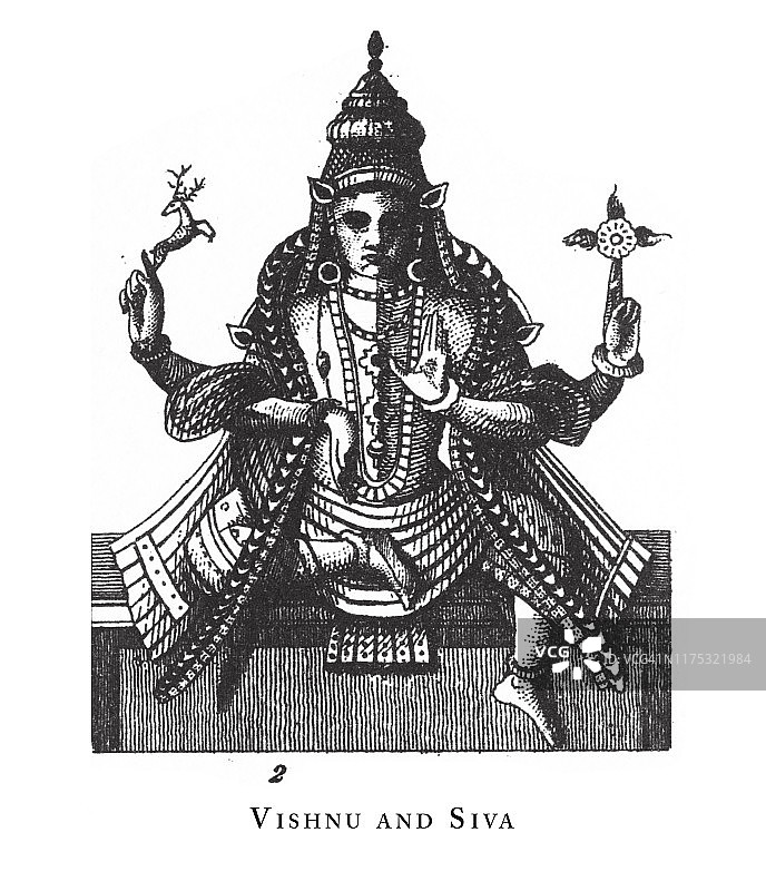毗湿奴和湿婆，印度教和佛教的宗教符号和宗教器具雕刻古董插图，出版于1851年图片素材
