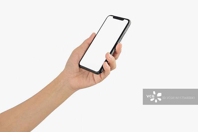近距离手持手机孤立在白色，模拟智能手机白色彩色空白屏幕图片素材