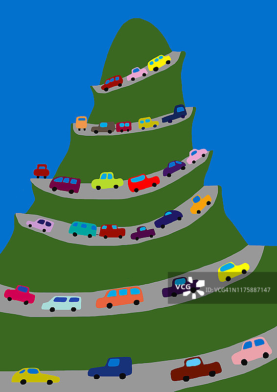 孩子画的汽车在去度假途中的交通堵塞图片素材