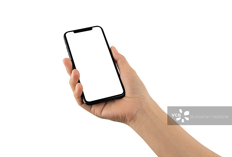 近距离手持手机孤立在白色，模拟智能手机白色彩色空白屏幕图片素材