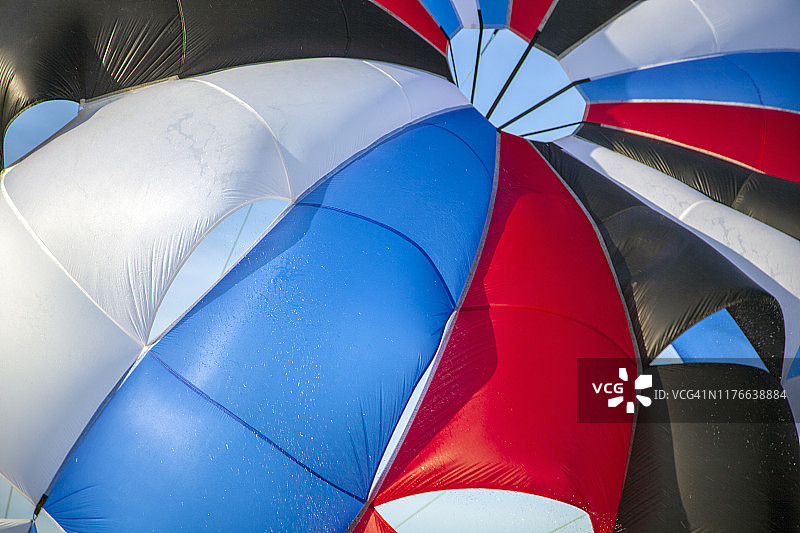 户外活动，跳伞，跳伞者用彩色的降落伞乘快艇在海上飞行。图片素材